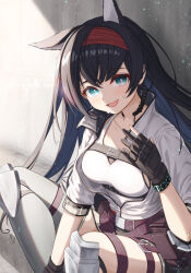 Rule 34 | 1girl, animal ear fluff, animal ears, arknights, belt, black gloves, black hair, blaze (arknights), blue eyes, cat ears, commentary request, earpiece, gloves, hairband, jacket, looking at viewer, open mouth, partially fingerless gloves, partially unzipped, red hairband, shironekoban, smile, solo, tank top, white jacket, white tank top
