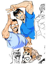 Rule 34 | 2boys, animal ears, arm hair, bara, billy russell (dickfish), blue eyes, blue shirt, brown fur, casual, couple, cropped torso, dickfish (fishismdick), dog boy, dog ears, facial hair, furrification, furry, furry male, furry with furry, glasses, grin, hand up, highres, john rottweil (dickfish), large pectorals, looking at viewer, male focus, mature male, multiple boys, muscular, muscular male, mustache, original, pectorals, scan, shirt, short hair, sideburns, sketch, smile, thick eyebrows, tongue, tongue out, traditional media, undercut, v, white fur, yaoi