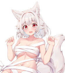 Rule 34 | 1girl, animal ears, blush, bound, groin, inubashiri momiji, looking at viewer, navel, open mouth, red eyes, rururiaru, short hair, simple background, solo, tail, touhou, upper body, white background, white hair, wolf ears, wolf tail