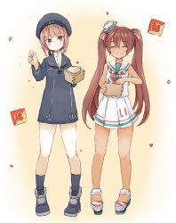 Rule 34 | 10s, 2girls, brown eyes, brown hair, dress, enu (roco roco44), closed eyes, full body, hair ornament, hat, holding, kantai collection, libeccio (kancolle), long hair, multiple girls, sailor dress, short hair, smile, twintails, z3 max schultz (kancolle)