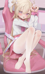 Rule 34 | 1girl, ahoge, blonde hair, blush, bound, bound wrists, chair, crossed legs, fang, feet, full body, gaming chair, hair between eyes, hair ornament, hairclip, heterochromia, highres, knees up, legs, long hair, long sleeves, looking at viewer, midriff peek, miniskirt, neckerchief, no shoes, on chair, one side up, open mouth, original, pantyhose, pink eyes, pink neckerchief, pink sailor collar, pleated skirt, purple eyes, restrained, rryiup, sailor collar, school uniform, serafuku, shirt, sitting, skin fang, skirt, solo, spread toes, swivel chair, thighs, toenails, toes, very long hair, white pantyhose, white shirt