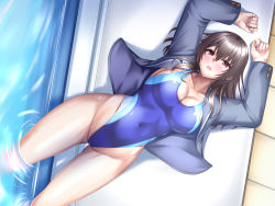 Rule 34 | 1girl, blazer, blue jacket, blue one-piece swimsuit, breasts, brown eyes, brown hair, cleavage, competition swimsuit, covered navel, cowboy shot, highleg, highleg swimsuit, highres, jacket, kozu rokuta, large breasts, long hair, looking at viewer, lying, one-piece swimsuit, open clothes, open jacket, original, poolside, soaking feet, solo, swimsuit, upper body, water
