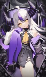 Rule 34 | 1girl, ahoge, bare shoulders, black dress, dress, gloves, head tilt, highres, hololive, horns, jacket, knee up, la+ darknesss, la+ darknesss (1st costume), long hair, long sleeves, looking at viewer, open clothes, open jacket, pantyhose, parted lips, purple gloves, purple hair, purple pantyhose, single leg pantyhose, solo, striped, striped horns, thomas 8000, virtual youtuber, white hair, yellow eyes