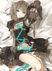 Rule 34 | 1boy, androgynous, bed sheet, blue eyes, cage, cleavage cutout, clothing cutout, dress, flat chest, gloves, gretel (sinoalice), groin, hansel (sinoalice), happy turn2, holding, juliet sleeves, light brown hair, long hair, long sleeves, looking at viewer, lying, male focus, no panties, on back, parted lips, puffy sleeves, sinoalice, solo, trap