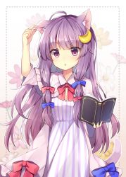 Rule 34 | 1girl, absurdres, ahoge, animal ears, arm up, bag, blue bow, blush, book, bow, breasts, capelet, cat day, cat ears, cat tail, cowboy shot, crescent, crescent hair ornament, dress, floral background, hair bow, hair ornament, highres, holding, holding bag, kemonomimi mode, long hair, open mouth, patchouli knowledge, purple eyes, purple hair, red bow, ruhika, solo, striped clothes, striped dress, tail, touhou, vertical-striped clothes, vertical-striped dress, very long hair