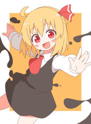 Rule 34 | 1girl, :d, ahoge, black skirt, blonde hair, blush, hair ribbon, highres, long sleeves, looking at viewer, nihohohi, open mouth, outstretched arms, red eyes, ribbon, rumia, shirt, short hair, skirt, skirt set, smile, solo, spread arms, touhou, vest, white shirt