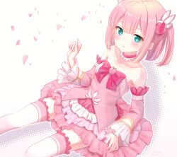 Rule 34 | 1girl, bare shoulders, blush, chiyoda momo, collar, collarbone, detached sleeves, dress, falling petals, flat chest, fluno, frilled dress, frilled sleeves, frills, green eyes, hair ornament, highres, looking at viewer, machikado mazoku, petals, pink collar, pink dress, pink hair, pink sleeves, ribbon-trimmed dress, short hair, sitting, sleeveless, sleeveless dress, solo, thighhighs, white thighhighs, zettai ryouiki