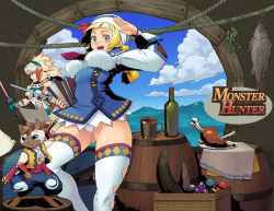 Rule 34 | 2girls, barioth (armor), blonde hair, blue eyes, bouncing breasts, breasts, capcom, cat, clothes lift, covered erect nipples, dixie cup hat, felyne, fish, food, hat, highres, large breasts, legs, meat, military hat, miniskirt, monster hunter, monster hunter (series), monster hunter 3 g, multiple girls, panties, pantyshot, quest receptionist (monster hunter 3 ultimate), salute, skirt, smile, spread legs, sword, thick thighs, thighhighs, thighs, torashiro eiji, underwear, weapon, white legwear, white panties
