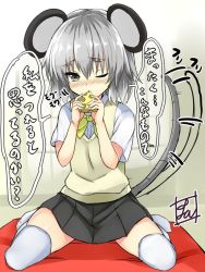 Rule 34 | 1girl, alternate costume, animal ears, black skirt, blush, bow, bowtie, cheese, commentary request, eating, food, full body, grey eyes, grey hair, hair between eyes, holding, holding food, looking at viewer, motion lines, mouse ears, mouse tail, nazrin, no shoes, nose blush, one-hour drawing challenge, one eye closed, pleated skirt, school uniform, shirt, short hair, short sleeves, sitting, skirt, solo, speech bubble, sweater vest, tail, tail wagging, thighhighs, tirotata, touhou, translation request, wariza, white shirt, white thighhighs, yellow bow, yellow bowtie, zettai ryouiki