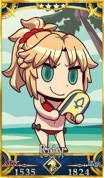 Rule 34 | 1girl, bikini, blonde hair, breasts, chibi, fate/grand order, fate (series), green eyes, highres, holding, mordred (fate), mordred (fate) (all), mordred (fate/apocrypha), mordred (swimsuit rider) (fate), mordred (swimsuit rider) (first ascension) (fate), navel, official art, ponytail, red bikini, riyo (lyomsnpmp), smile, solo, surfboard, swimsuit