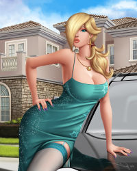 Rule 34 | 1girl, adapted costume, arm support, bare shoulders, blonde hair, blue eyes, breasts, car, cleavage, day, dress, garter straps, hair over one eye, huge breasts, iury padilha, jewelry, long hair, looking at viewer, luma (mario), mario (series), motor vehicle, nail polish, necklace, nintendo, outdoors, realistic, reflection, rosalina, solo, star (symbol), super mario galaxy, thighhighs, vehicle