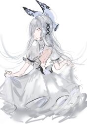 Rule 34 | 1girl, absurdres, back bow, backless dress, backless outfit, bad id, bad twitter id, bow, dress, floating hair, from behind, gawako, grey dress, grey eyes, grey hair, hair bow, hair ornament, highres, long hair, looking at viewer, looking back, original, parted lips, sketch, solo, very long hair, x hair ornament
