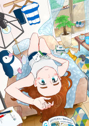 Rule 34 | 1girl, aqua eyes, bed, bird, blush, book, brown hair, grey tank top, highres, holding, holding book, indoors, jupachi18, long hair, looking at viewer, lying, on back, original, paper, pencil, penguin, plant, potted plant, shirt, shorts, solo, striped clothes, striped shirt, table, tank top, window