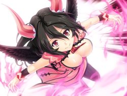 Rule 34 | 1girl, benimura karu, black hair, bouncing breasts, breasts, bunny black, bunny black 2, china dress, chinese clothes, cleavage, demon, dress, game cg, horns, large breasts, looking at viewer, magic, red eyes, short hair, single horn, smile, solo, wings