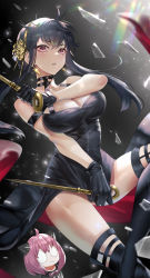 Rule 34 | 2girls, anya (spy x family), bare shoulders, black dress, black gloves, black hair, black thighhighs, breasts, broken glass, cleavage, cone hair bun, constricted pupils, dagger, dress, fingerless gloves, flower, glass, gloves, gold hairband, hair bun, hair flower, hair ornament, hairband, highres, knife, large breasts, long hair, looking at viewer, multiple girls, open mouth, pink hair, red eyes, rose, short hair, sidelocks, spy x family, teddy (khanshin), thighhighs, thighs, weapon, yor briar