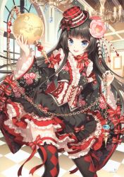 Rule 34 | &gt;:d, 1girl, :d, absurdres, argyle, argyle clothes, argyle legwear, black dress, black hair, black thighhighs, blue eyes, bridal garter, chain, chandelier, clock, corset, dress, fedora, flower, frilled thighhighs, frills, furyou michi ~gang road~, globe, hair flower, hair ornament, hat, highres, imabeppu komomo, indoors, jewelry, lolita fashion, looking at viewer, nardack, open mouth, skirt, smile, source request, sparkle, standing, thighhighs, too many, too many frills, v-shaped eyebrows, wa lolita, window, zettai ryouiki