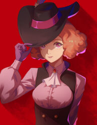 Rule 34 | 1girl, :d, ascot, black hat, brown hair, collared shirt, dress shirt, gloves, hat, hat feather, highres, looking at viewer, okumura haru, open mouth, persona, persona 5, pink shirt, purple eyes, purple gloves, red background, reveen, shirt, smile, solo, underbust, upper body, white ascot, wing collar