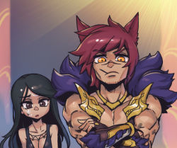 Rule 34 | 1boy, 1girl, animal ears, bare shoulders, black dress, black hair, breasts, character request, dress, fur trim, gradient background, large breasts, league of legends, long hair, looking at viewer, mouth hold, muscular, muscular male, orange eyes, phantom ix row, scar, scar on face, sett (league of legends), short hair, upper body
