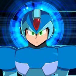 Rule 34 | 1boy, android, armor, blue background, body armor, forehead jewel, glowing, glowing eye, green eyes, helmet, light frown, looking at viewer, male focus, mega man (series), mega man x (series), mega man x dive, shoulder armor, x (mega man)