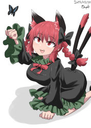 Rule 34 | 1girl, :3, :d, animal ear fluff, animal ears, arm support, black bow, black dress, bow, breasts, bug, butterfly, cat ears, cat tail, chups, dated, dress, extra ears, fang, hair between eyes, hair bow, highres, insect, kaenbyou rin, long sleeves, multiple tails, nail polish, nekomata, open mouth, red eyes, red hair, red nails, signature, simple background, sitting, smile, solo, tail, touhou, two tails, white background