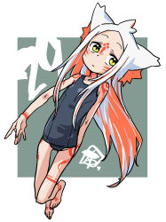 Rule 34 | 1girl, animal ear fluff, animal ears, body markings, chiwa (fcwv5738), expressionless, facial mark, facial tattoo, female focus, flat chest, fox ears, highres, long hair, looking at viewer, multicolored hair, one-piece swimsuit, original, red hair, red nails, solo, swimsuit, tattoo, thigh gap, tribal tattoo, white hair