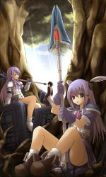 Rule 34 | 1boy, 2girls, ascot, aselia bluespirit, black hair, blue eyes, eien no aselia, eternity sword series, euphoria (eternity sword), euphoria (seinarukana), father and daughter, gloves, hands in pockets, if they mated, light purple hair, mikago kotaro, mother and daughter, multiple girls, open mouth, polearm, seinarukana, shoulder pads, sitting, spear, takamine yuuto, tree, weapon