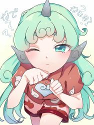 Rule 34 | 1girl, aqua eyes, blue eyes, blush, closed mouth, collar, eringi (rmrafrn), gradient background, green hair, hands up, horns, komano aunn, long hair, looking at viewer, multicolored clothes, multicolored shorts, one eye closed, red shirt, red shorts, shirt, short sleeves, shorts, solo, touhou, white background, white shorts, yellow background