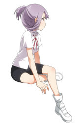 Rule 34 | 1girl, bike shorts, blush, himematsu school uniform, ponytail, purple eyes, purple hair, saki (manga), school uniform, sitting, solo, suehara kyouko, umekichi