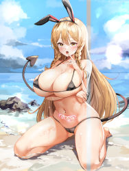 Rule 34 | 1girl, absurdres, animal ears, areola slip, beach, bikini, black bikini, blonde hair, blue sky, braid, breasts, cleavage, cloud, day, demon tail, fake animal ears, hair between eyes, highres, kneeling, large breasts, lillly, long hair, looking at viewer, micro bikini, navel, ocean, open mouth, original, outdoors, pubic tattoo, rabbit ears, sky, solo, stomach tattoo, swimsuit, tail, tattoo, thighs, tongue, tongue out, twin braids, wet, yellow eyes