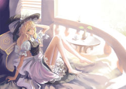 Rule 34 | 1girl, balcony, bare legs, barefoot, blonde hair, feet, female focus, green eyes, hat, kirisame marisa, legs, long hair, long legs, madyy, petticoat, solo, table, thighs, touhou, waking up, witch, witch hat