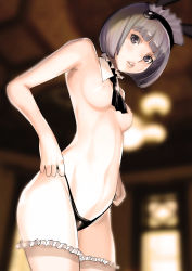 Rule 34 | 1girl, adjusting clothes, adjusting panties, animal ears, black panties, blunt bangs, blurry, blurry background, bob cut, breasts, cowboy shot, detached collar, dytm, frilled thighhighs, frills, from below, grey eyes, grey hair, highleg, highleg panties, highres, indoors, looking at viewer, maid headdress, matching hair/eyes, medium breasts, navel, nipples, original, panties, parted lips, rabbit ears, short hair, small breasts, solo, thighhighs, topless, underwear