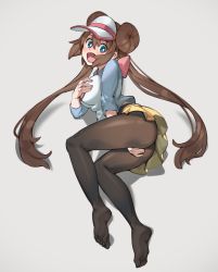 Rule 34 | 1girl, bad id, bad pixiv id, black pantyhose, blue eyes, blush, bow, breasts, brown hair, commentary request, covering breasts, covering crotch, covering privates, creatures (company), double bun, feet, full body, game freak, hair between eyes, hair bun, highres, large breasts, long hair, looking at viewer, lying, nintendo, no shoes, on side, open mouth, pantyhose, pink bow, pokemon, pokemon bw2, rosa (pokemon), shirt, sidelocks, simplecar, skirt, soles, solo, tongue, twintails, two-tone headwear, very long hair, visor cap, yellow skirt