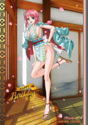 Rule 34 | 1girl, architecture, artist logo, bare legs, blue kimono, breasts, cleavage, dated, dress, east asian architecture, feet, flower, hair flower, hair ornament, highres, japanese clothes, kimono, legs, long hair, long legs, looking at viewer, no panties, obi, official alternate costume, one piece, one piece: treasure cruise, pink eyes, pink hair, ponytail, rebecca (one piece), rider (orange couture), sash, shadow, short dress, sidelocks, solo, standing, standing on one leg, teeth, toes, upper teeth only, wide hips, yellow sash