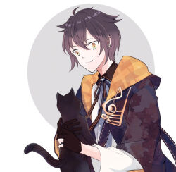 Rule 34 | 1boy, :3, animal, black cat, black hair, brown eyes, cat, closed mouth, corpse heart, grey background, hayuki106, holding, holding animal, holding cat, kirumi (corpse heart), looking down, male focus, multicolored background, short hair, solo, white background