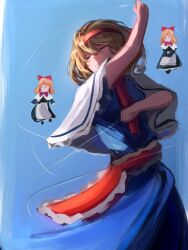 Rule 34 | 1girl, alice margatroid, apron, ascot, blonde hair, blue background, blue dress, bow, capelet, closed eyes, dress, flying, hair bow, highres, medium hair, puppet, puppet strings, red ascot, red bow, red hair, shanghai doll, standing, touhou, white apron, white capelet, yuhel