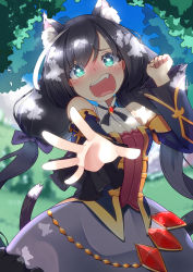 Rule 34 | 1girl, animal ear fluff, animal ears, bare shoulders, black hair, blush, breasts, cat ears, cat girl, cat tail, commentary request, fang, gem, green eyes, highres, karyl (princess connect!), long hair, looking at viewer, low twintails, medium breasts, multicolored hair, open mouth, outdoors, pon (shind 997), princess connect!, solo, streaked hair, tail, tearing up, twintails, very long hair, white hair
