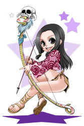 Rule 34 | 1girl, aged down, amazon lily, amazon warrior, arrow (projectile), black eyes, black hair, boa hancock, bow (weapon), chikaburo, female focus, hip focus, legs, long hair, navel, objectification, one piece, salome (one piece), sandals, skull, smile, snake, weapon