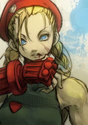 Rule 34 | 1girl, bare shoulders, beret, blonde hair, blood, blue eyes, braid, cammy white, camouflage, capcom, fingerless gloves, gloves, hat, leotard, long hair, looking at viewer, nilitsu, scar, sketch, solo, street fighter, twin braids, twintails