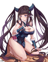Rule 34 | 1girl, absurdres, barefoot, black hair, blue dress, blue eyes, blue nails, blunt bangs, breasts, china dress, chinese clothes, cleavage, dress, fate/grand order, fate (series), full body, hair ornament, hand on own chest, highres, kneeling, large breasts, leaf hair ornament, long hair, looking at viewer, melailai, nail polish, simple background, solo, thighs, twintails, very long hair, white background, yang guifei (fate), yang guifei (second ascension) (fate)