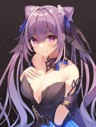 Rule 34 | 1girl, absurdres, bare shoulders, black background, blush, breasts, cleavage, closed mouth, collarbone, double bun, dress, genshin impact, hair bun, hair ornament, hand on own chest, highres, keqing (genshin impact), keqing (opulent splendor) (genshin impact), large breasts, long hair, looking at viewer, official alternate costume, purple eyes, purple hair, smile, sob (submar1089), solo, two-tone dress, upper body