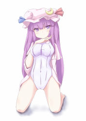 Rule 34 | 1girl, barefoot, blush, breasts, coo (coonekocoo), covered erect nipples, crescent, female focus, hand in own hair, hat, head tilt, highres, kneeling, large breasts, leotard, long hair, open clothes, open shirt, patchouli knowledge, purple eyes, purple hair, shirt, smirk, solo, touhou