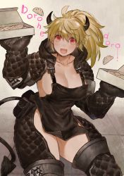 Rule 34 | 1girl, :d, apron, black apron, black footwear, blonde hair, boots, box, breasts, cleavage, collarbone, copyright name, cowboy shot, crotchless, crotchless pants, demon girl, demon horns, demon tail, dorohedoro, dumpling, empty eyes, food, hands up, highres, hood, hood down, horns, jiaozi, large breasts, long hair, long sleeves, looking at viewer, miyako (xxxbibit), nikaidou (dorohedoro), open mouth, oven mitts, pants, ponytail, red eyes, shrug (clothing), smile, solo, tail, thigh boots, tile floor, tiles