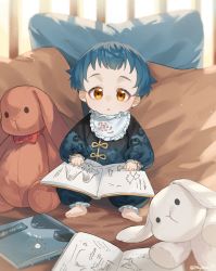 Rule 34 | 1boy, blue hair, book, child, chinese clothes, ethylene ty, genshin impact, highres, long sleeves, looking at viewer, male focus, open book, pillow, short hair, sitting, stuffed animal, stuffed rabbit, stuffed toy, xingqiu (genshin impact), yellow eyes