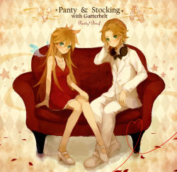 Rule 34 | 10s, 1boy, 1girl, alternate hairstyle, bow, bowtie, brief (psg), couch, couple, dress, formal, freckles, hetero, mikanniro, pants, panty &amp; stocking with garterbelt, panty (psg), red dress, red upholstery, shoes, sitting, suit, white footwear, white pants, white suit