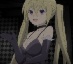 Rule 34 | 10s, 1girl, bare shoulders, blonde hair, blush, breasts, cleavage, elbow gloves, gloves, lieselotte sherlock, long hair, open mouth, purple eyes, screencap, solo, tongue, trinity seven, twintails, very long hair