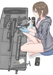 Rule 34 | 1girl, absurdres, bag, bare legs, blue gloves, bottle, bottomless, bra, brown hair, can, cellphone, cleaning, cleaning brush, cleaning gun, cleaning weapon, collarbone, crossed legs, d-sawa613, disassembly, earpiece, gloves, grey bag, grey hoodie, grey jacket, gun, h&amp;k msg90, h&amp;k psg1, heckler &amp; koch, highres, holding, holding cloth, hood, hood down, hooded jacket, hoodie, jacket, long sleeves, looking at object, open bag, open clothes, open jacket, optical sight, original, phone, purple eyes, rifle, short hair, simple background, sitting, smartphone, sniper rifle, solo, spray can, underwear, weapon, weapon case, white background, white bra
