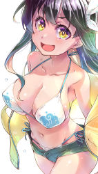 Rule 34 | 1girl, adapted costume, alternate costume, bikini, bikini under clothes, black hair, blush, breasts, cleavage, collarbone, commentary request, cowboy shot, denim, denim shorts, fang, halterneck, highres, imu sanjo, jacket, kantai collection, large breasts, long hair, looking at viewer, multicolored hair, naganami (kancolle), navel, open fly, open mouth, pink hair, ribbon, shorts, side-tie bikini bottom, simple background, skin fang, smile, solo, string bikini, swimsuit, swimsuit under clothes, two-tone hair, white background, white bikini, yellow eyes