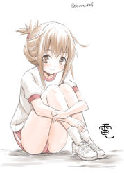 Rule 34 | 10s, 1girl, bad id, bad pixiv id, blush, brown eyes, brown hair, folded ponytail, fujishima shinnosuke, gym uniform, inazuma (kancolle), kantai collection, knees to chest, long hair, looking at viewer, shoes, sitting, smile, sneakers, solo