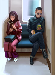 Rule 34 | 1boy, 1girl, book, cellphone, crossed legs, denim, facial hair, goatee, highres, japanese clothes, jeans, kimono, open book, pants, phone, reading, sbc, short hair, sitting, smartphone, sunglasses, tabi, traditional clothes, train, train interior