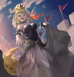Rule 34 | 1girl, absurdres, armlet, bare shoulders, black leotard, black nails, blonde hair, blue eyes, blurry, blush, bowsette, bracelet, breasts, cleavage, cloud, collar, crown, eyebrows, fang, fire, highres, horns, jewelry, kimyo, leotard, long hair, looking at viewer, mario (series), medium breasts, nail polish, new super mario bros. u deluxe, nintendo, open mouth, outdoors, short hair, sky, solo, spiked armlet, spiked bracelet, spiked collar, spikes, standing, super crown, tail